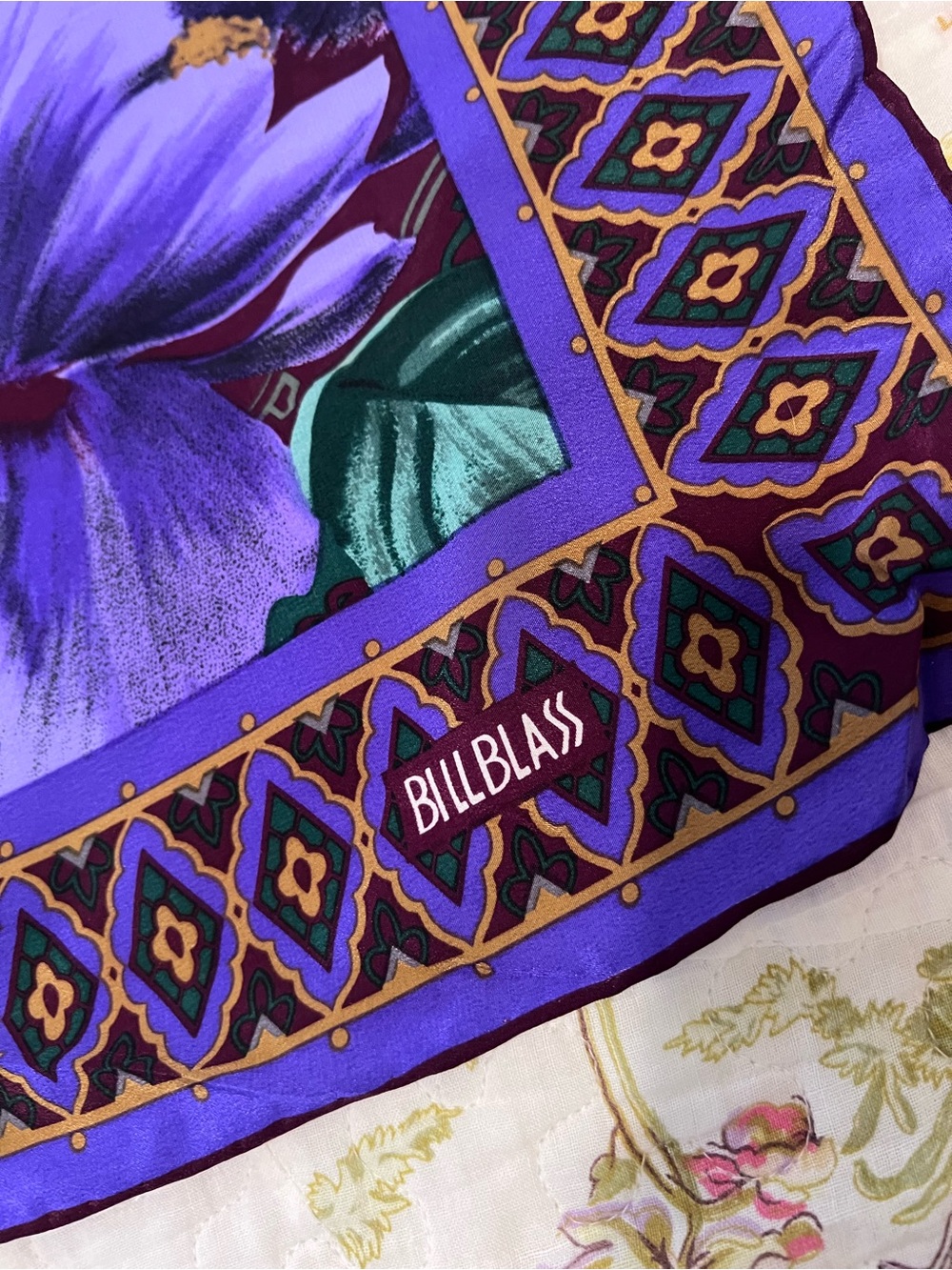 Vintage Bill Blass Purple Floral Silk Scarf Large Square Designer - Picture 2 of 6